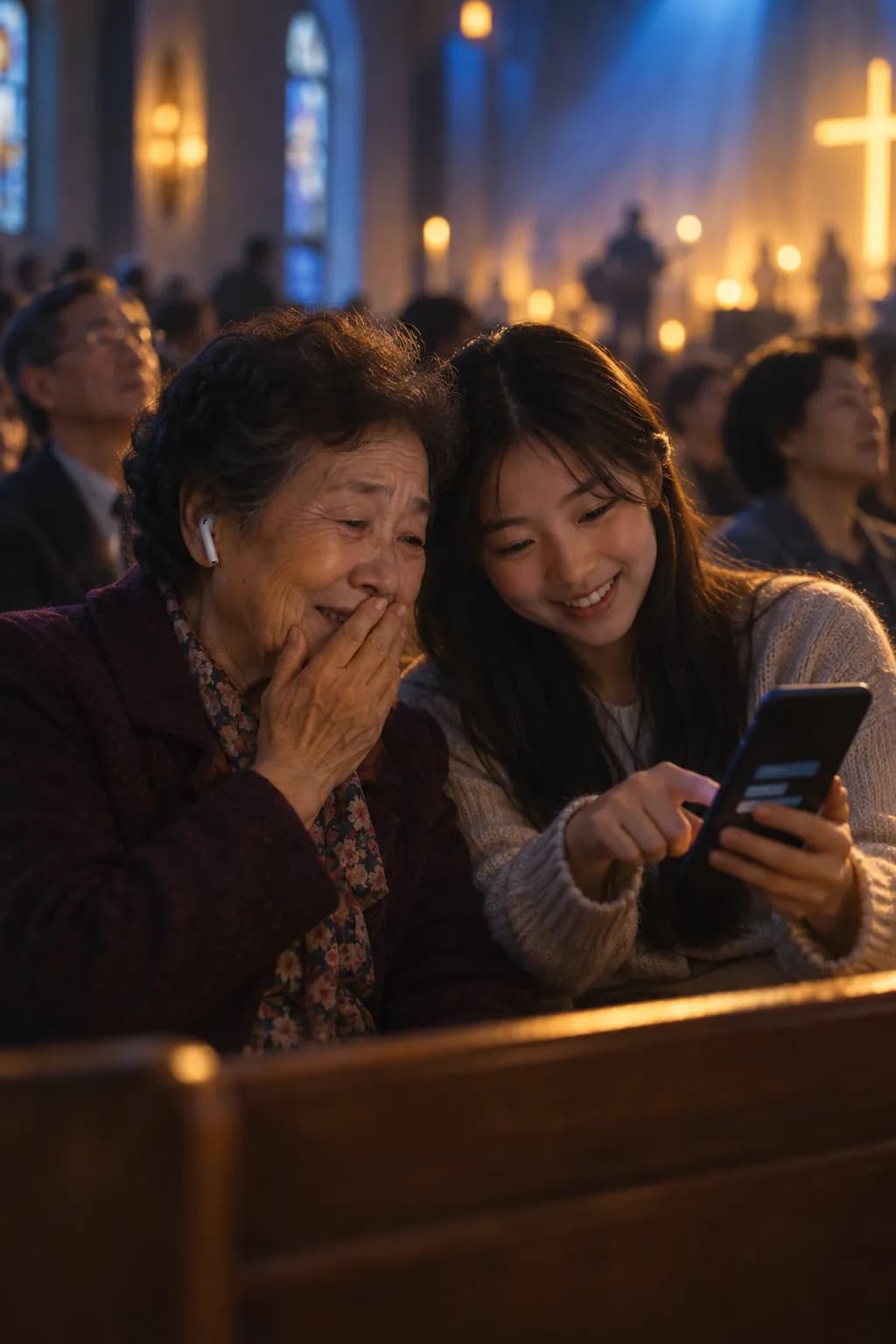 A grandmother with an earbud listens while her granddaughter points to captions on a phone.