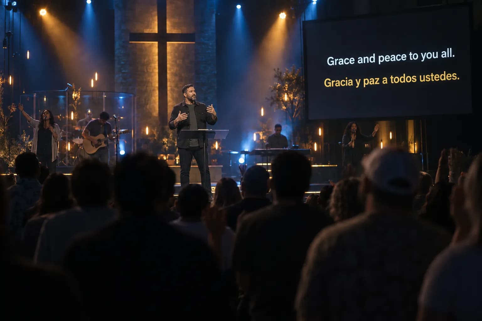 A church stage with a side screen showing English and Spanish captions.